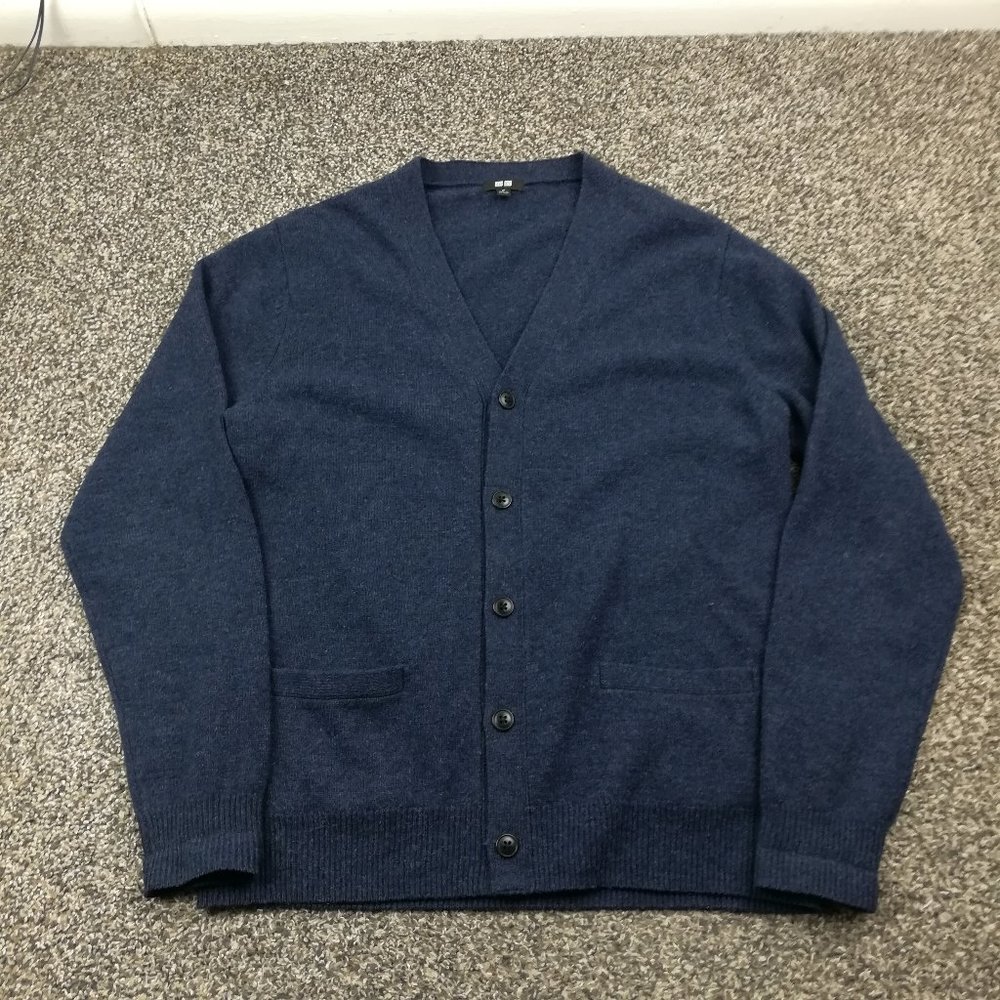 Uniqlo Sweater 100% Wool Cardigan Navy Blue Mens Medium